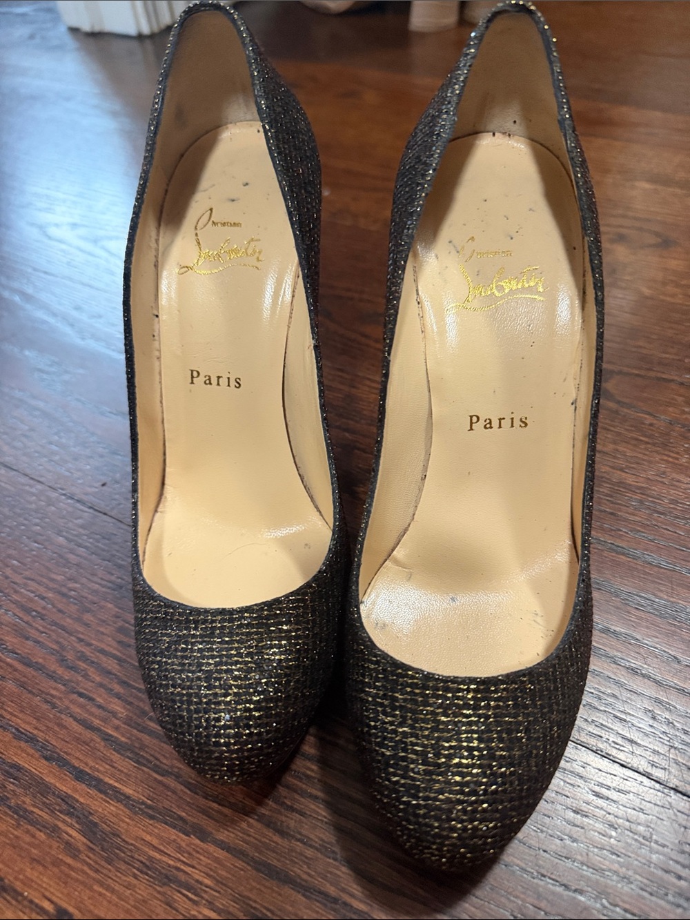 Christian Louboutin Black and Gold Glitter Platform Pumps